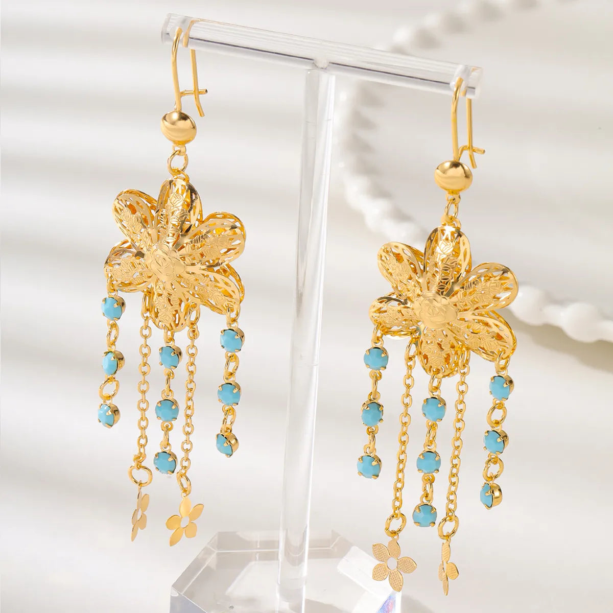 1 Pair Ethnic Style Simple Style Flower Tassel Hollow Out Inlay Copper Turquoise 18K Gold Plated Drop Earrings