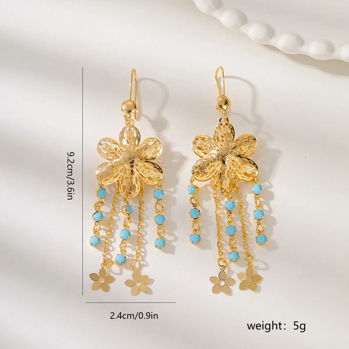 1 Pair Ethnic Style Simple Style Flower Tassel Hollow Out Inlay Copper Turquoise 18K Gold Plated Drop Earrings