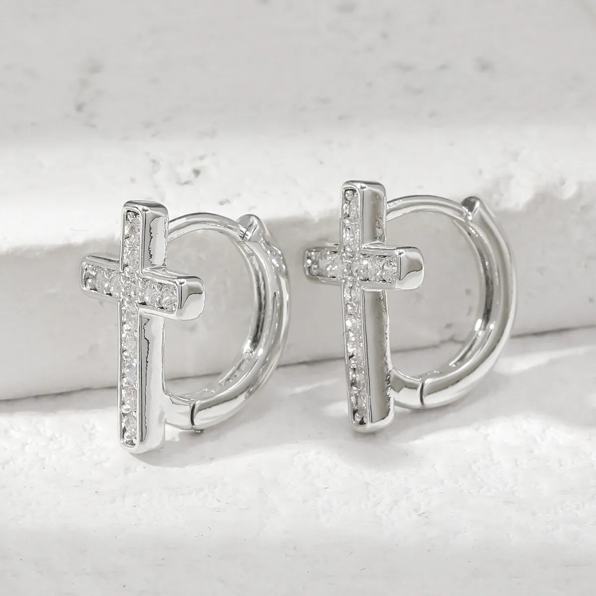 1 Pair Ethnic Style Solid Color Cross Handmade Inlay Copper Zircon White Gold Plated Earrings