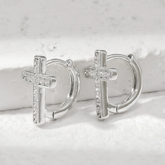 1 Pair Ethnic Style Solid Color Cross Handmade Inlay Copper Zircon White Gold Plated Earrings