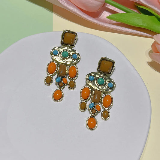 1 Pair Ethnic Style Square Oval Inlay Alloy Turquoise Drop Earrings