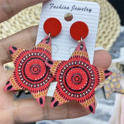 1 Pair Ethnic Style Star Flower Rhombus Wood Patchwork Stoving Varnish Women's Chandelier Earrings