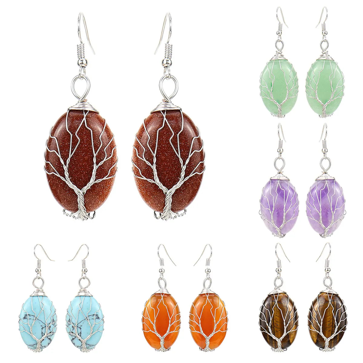 1 Pair Ethnic Style Tree Oval Alloy Natural Stone Handmade Drop Earrings