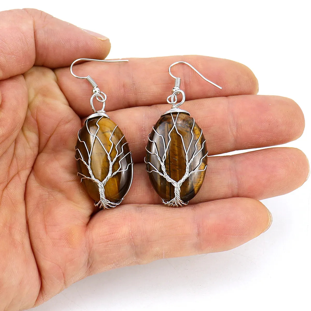 1 Pair Ethnic Style Tree Oval Alloy Natural Stone Handmade Drop Earrings