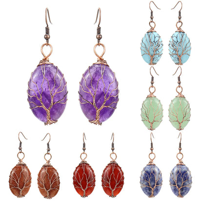 1 Pair Ethnic Style Tree Oval Alloy Natural Stone Handmade Drop Earrings