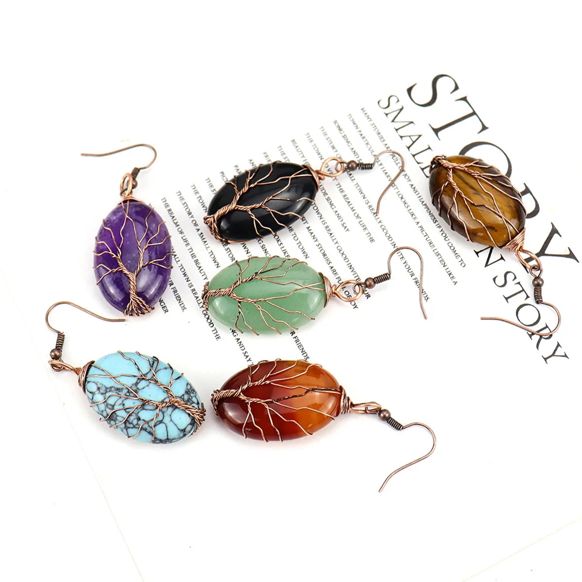 1 Pair Ethnic Style Tree Oval Alloy Natural Stone Handmade Drop Earrings