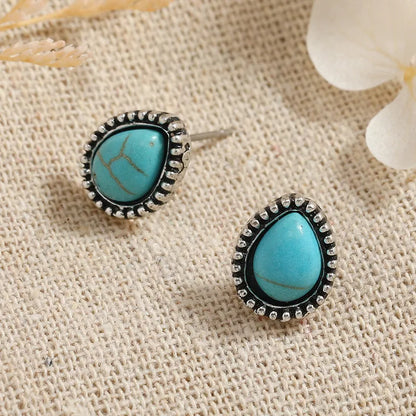 1 Pair Ethnic Style Water Droplets Alloy Inlay Turquoise Ear Studs