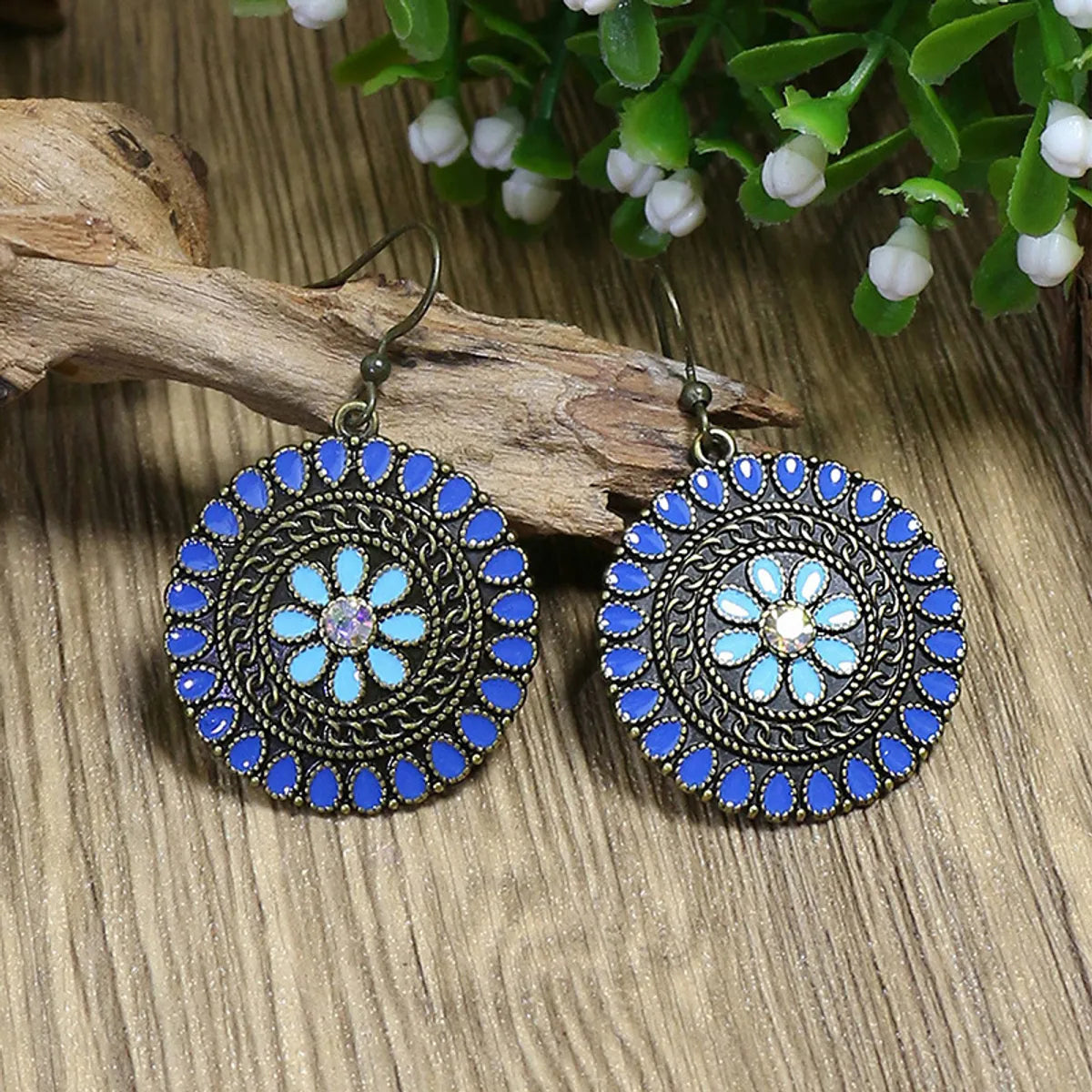 1 Pair Ethnic Style Water Droplets Flower Alloy Enamel Plating Inlay Artificial Gemstones Women'S Drop Earrings