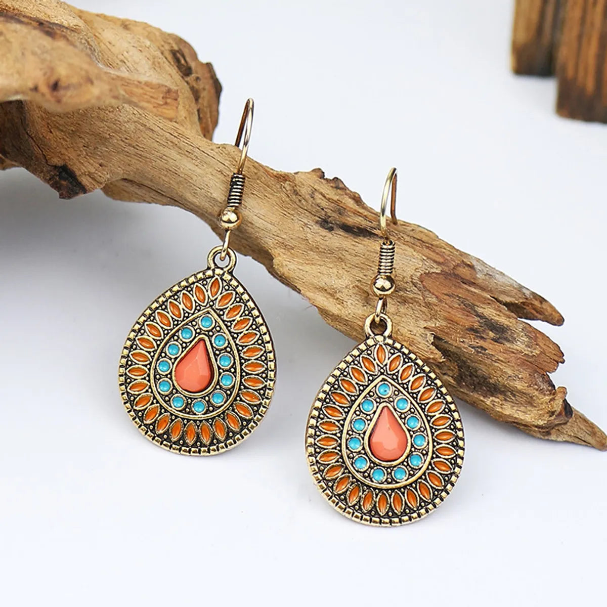 1 Pair Ethnic Style Water Droplets Flower Alloy Enamel Plating Inlay Artificial Gemstones Women'S Drop Earrings