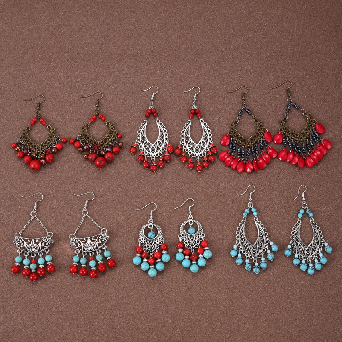 1 Pair Ethnic Style Water Droplets Hollow Out Alloy Turquoise Drop Earrings