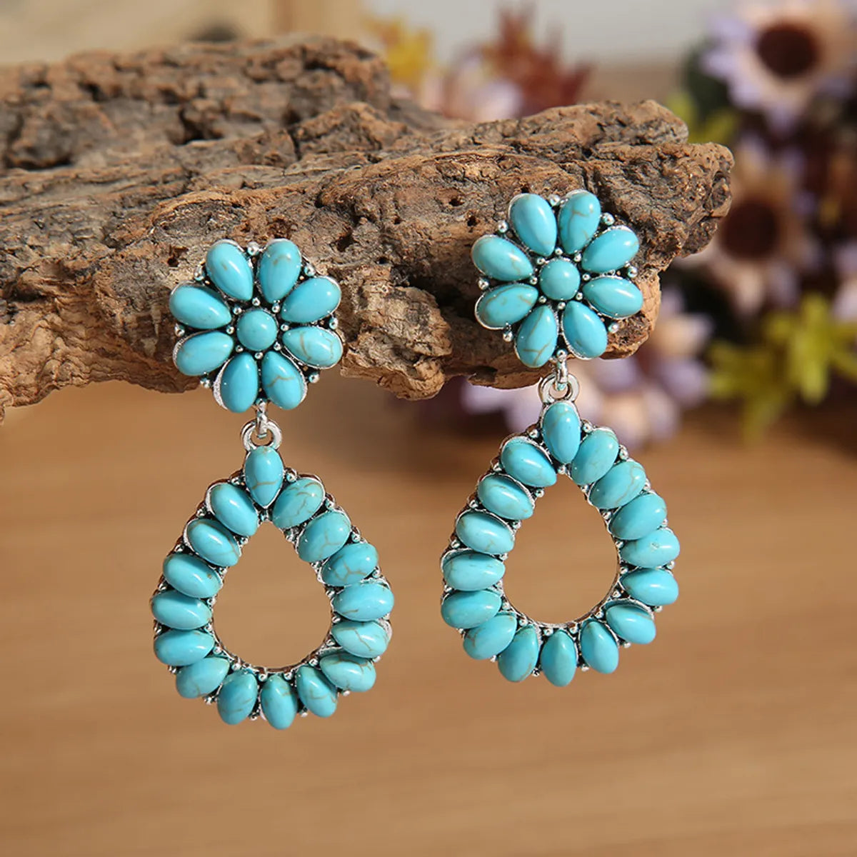 1 Pair Ethnic Style Water Droplets Plating Inlay Alloy Turquoise Drop Earrings