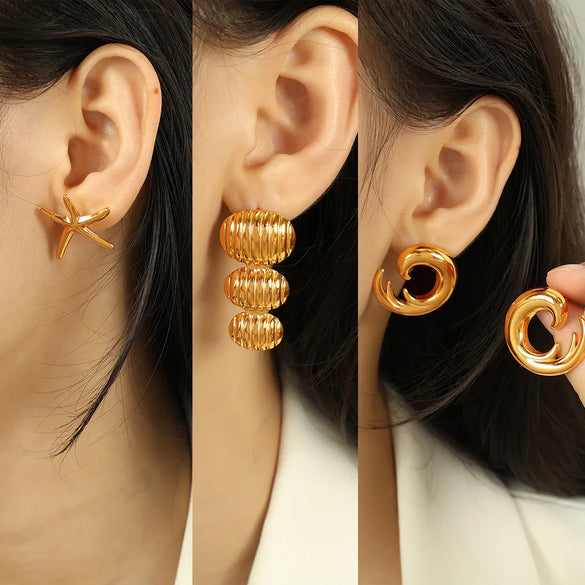 1 Pair Exaggerated Beach IG Style Oval Starfish Sea Wave Polishing 304 Stainless Steel 18K Gold Plated Drop Earrings Ear Studs