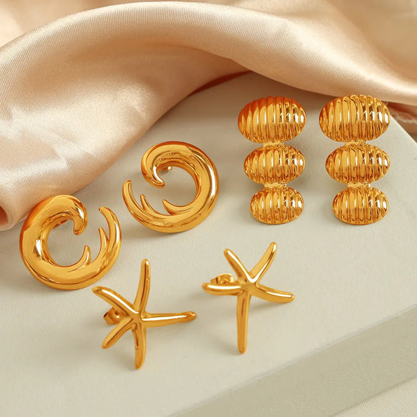 1 Pair Exaggerated Beach IG Style Oval Starfish Sea Wave Polishing 304 Stainless Steel 18K Gold Plated Drop Earrings Ear Studs