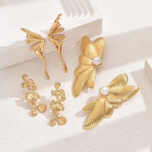 1 Pair Exaggerated French Style Geometric Flower Butterfly Inlay 201 Stainless Steel Pearl 18K Gold Plated Ear Studs