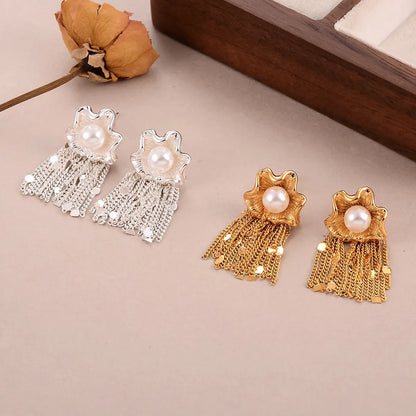 1 Pair Exaggerated IG Style Flower Tassel Inlay Copper Pearl Drop Earrings