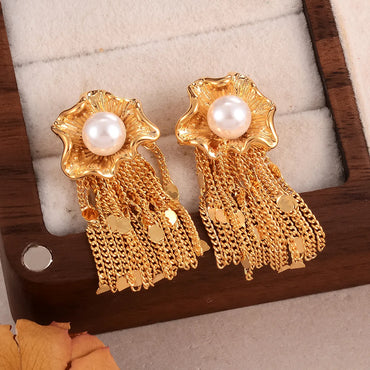 1 Pair Exaggerated IG Style Flower Tassel Inlay Copper Pearl Drop Earrings