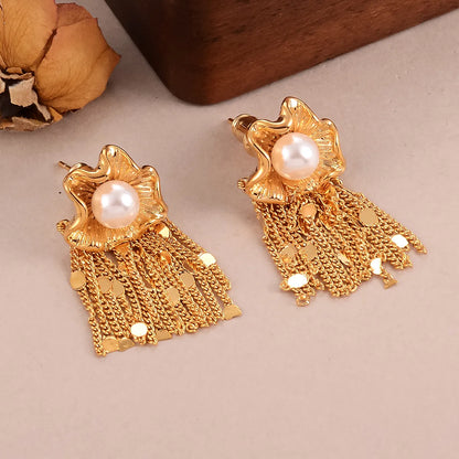 1 Pair Exaggerated IG Style Flower Tassel Inlay Copper Pearl Drop Earrings