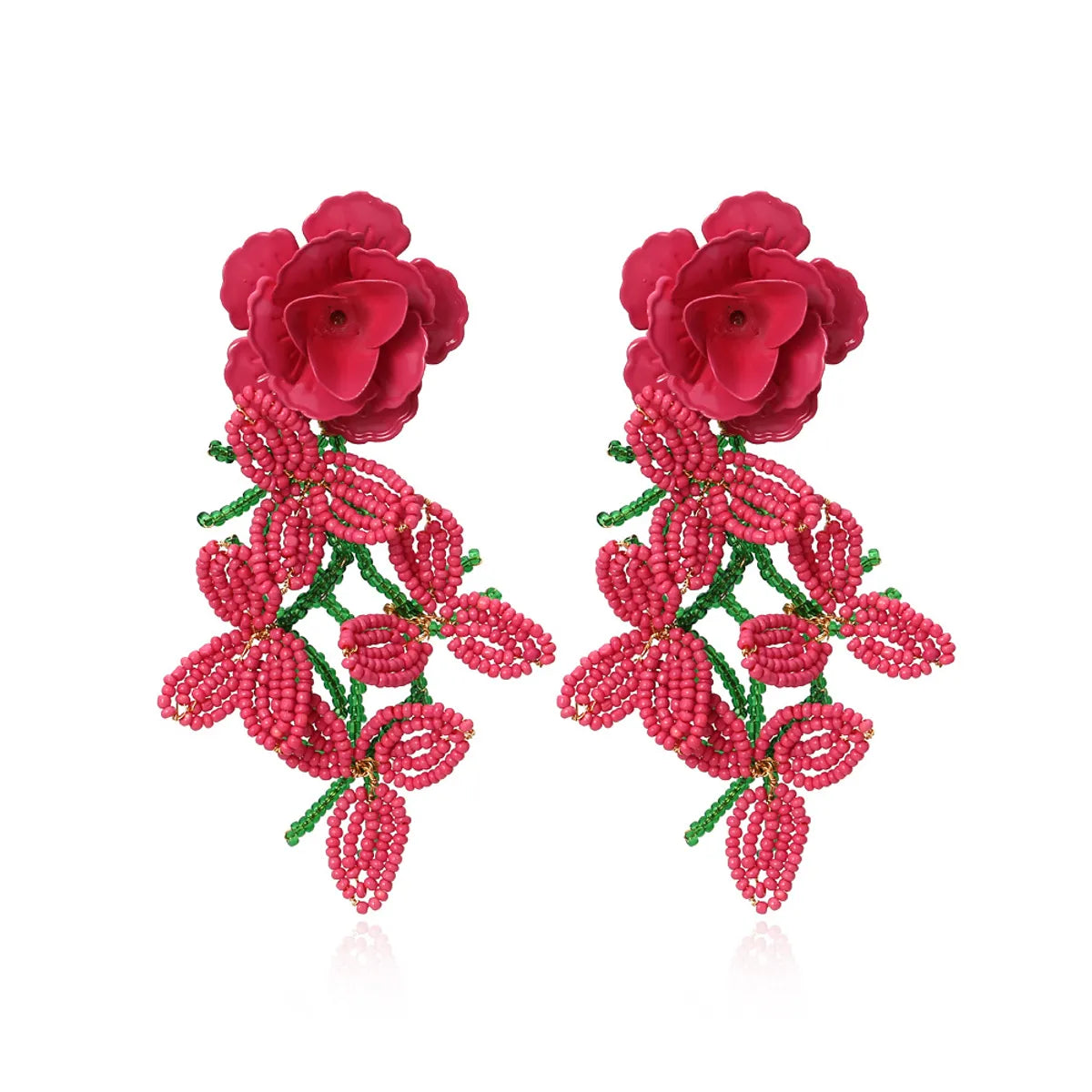 1 Pair Exaggerated Lady Flower Beaded Resin Seed Bead Metal Drop Earrings