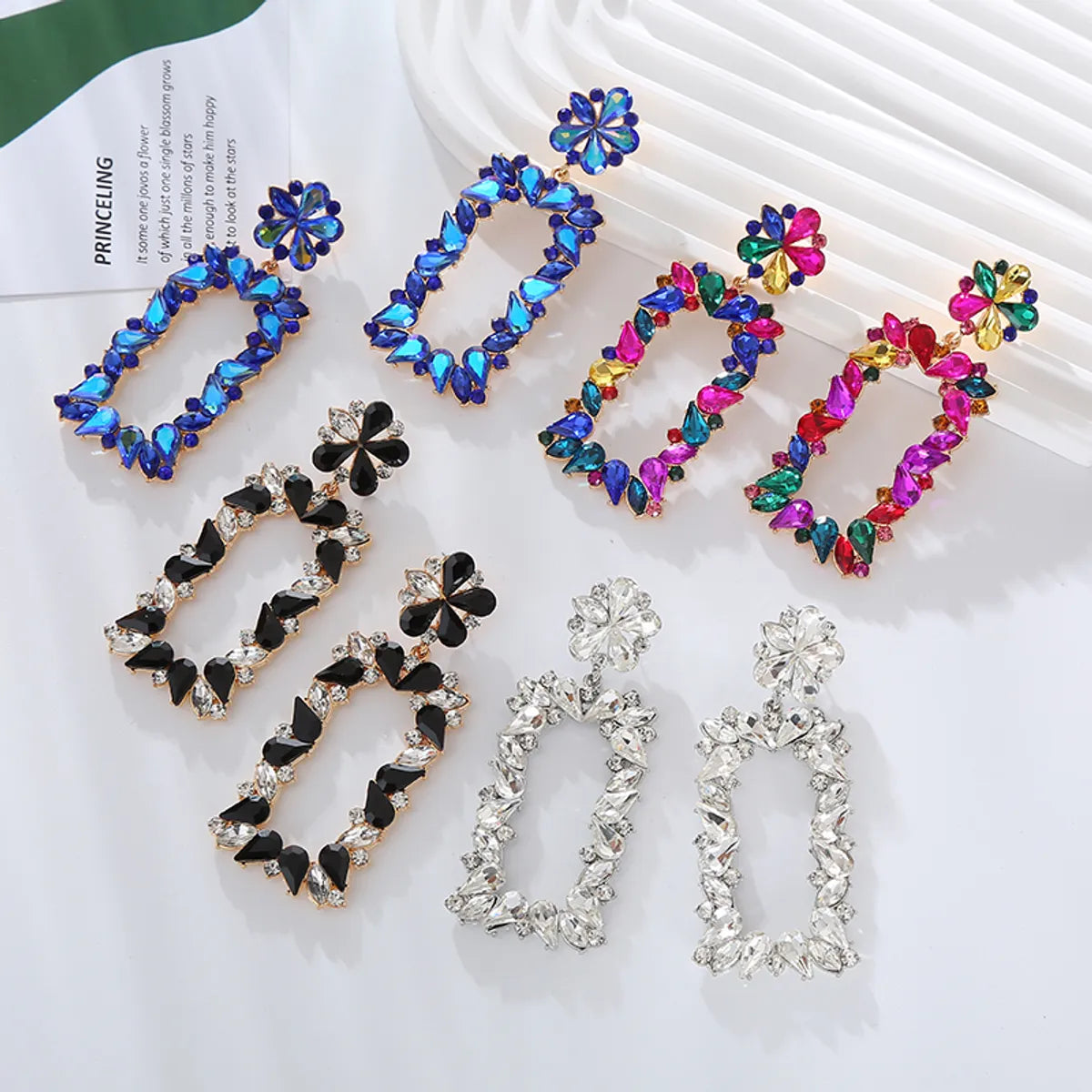 1 Pair Exaggerated Luxurious Flower Rectangle Inlay Alloy Rhinestones Glass Drop Earrings