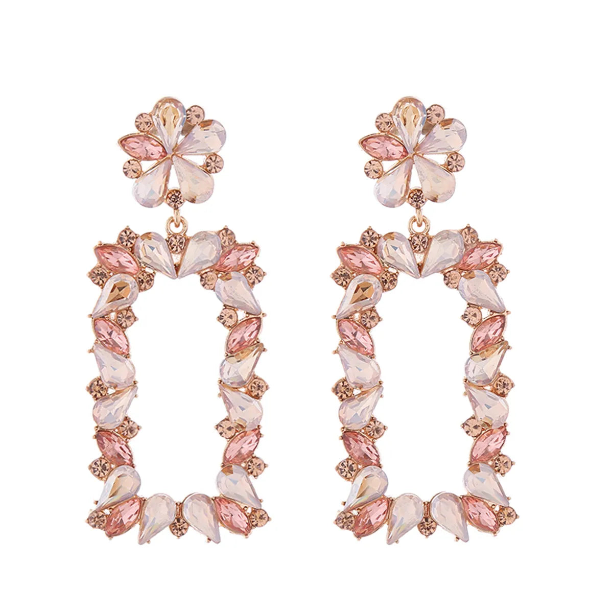 1 Pair Exaggerated Luxurious Flower Rectangle Inlay Alloy Rhinestones Glass Drop Earrings