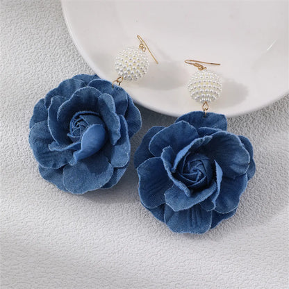 1 Pair Exaggerated Romantic Flower Pearl Three-Dimensional Alloy Cloth Drop Earrings Earrings