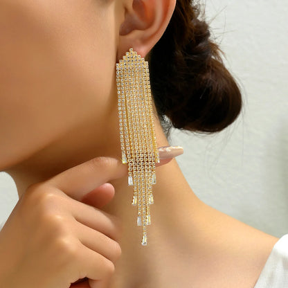 1 Pair Exaggerated Shiny Tassel Plating Inlay Copper Crystal Glass 18K Gold Plated Drop Earrings