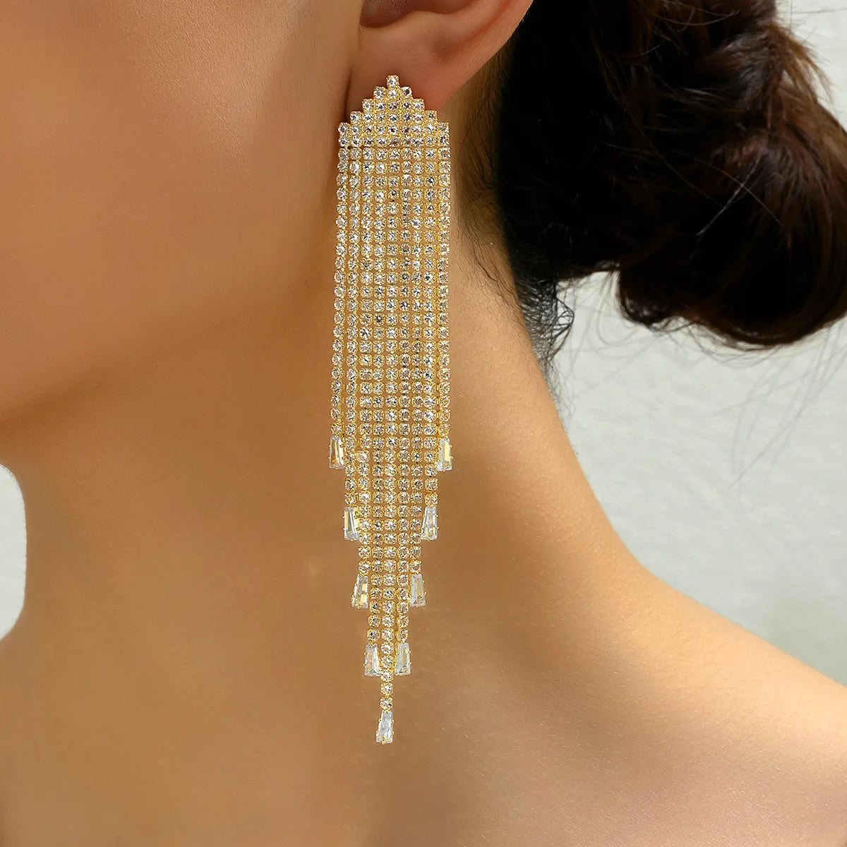 1 Pair Exaggerated Shiny Tassel Plating Inlay Copper Crystal Glass 18K Gold Plated Drop Earrings