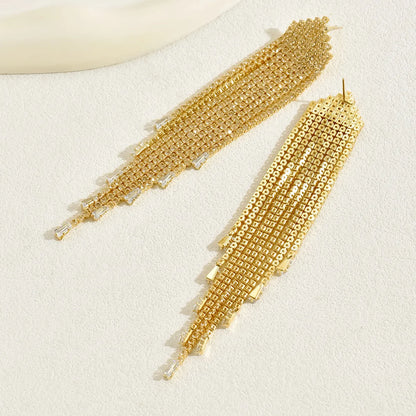 1 Pair Exaggerated Shiny Tassel Plating Inlay Copper Crystal Glass 18K Gold Plated Drop Earrings