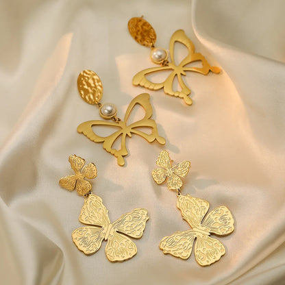 1 Pair Exaggerated Simple Style Butterfly Plating Inlay 304 Stainless Steel Artificial Pearls 18K Gold Plated Drop Earrings