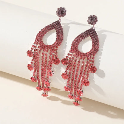 1 Pair Exaggerated Simple Style Water Droplets Tassel Hollow Out Inlay Alloy Rhinestones Drop Earrings