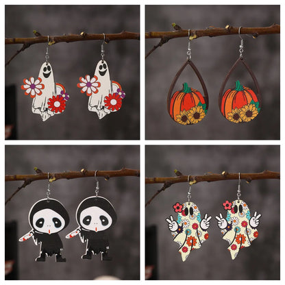 1 Pair Exaggerated Vacation Funny Halloween Pattern Pumpkin Painted Lacquer Painting Alloy Wood Drop Earrings