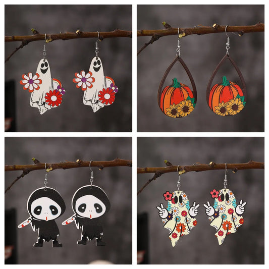 1 Pair Exaggerated Vacation Funny Halloween Pattern Pumpkin Painted Lacquer Painting Alloy Wood Drop Earrings