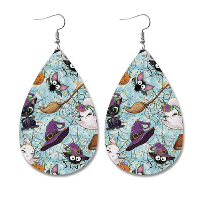 1 Pair Exaggerated Water Droplets Heart Shape Printing Pu Leather Drop Earrings