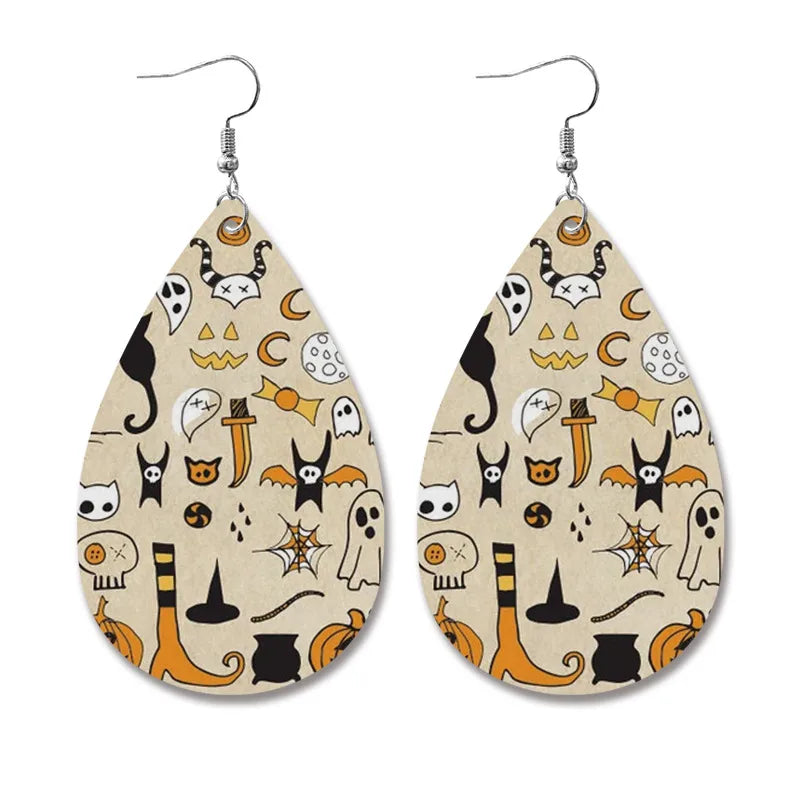 1 Pair Exaggerated Water Droplets Heart Shape Printing Pu Leather Drop Earrings