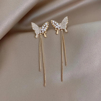 1 Pair Fairy Style Elegant Butterfly Plating Inlay Alloy Artificial Rhinestones Artificial Pearls Drop Earrings