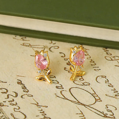 1 Pair Fairy Style Elegant Classic Style Flower Tulip Polishing Plating Inlay Copper Zircon 18K Gold Plated Ear Studs