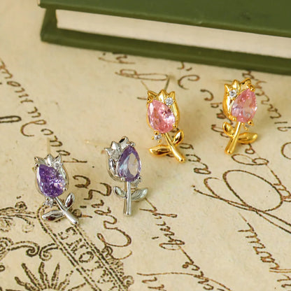 1 Pair Fairy Style Elegant Classic Style Flower Tulip Polishing Plating Inlay Copper Zircon 18K Gold Plated Ear Studs