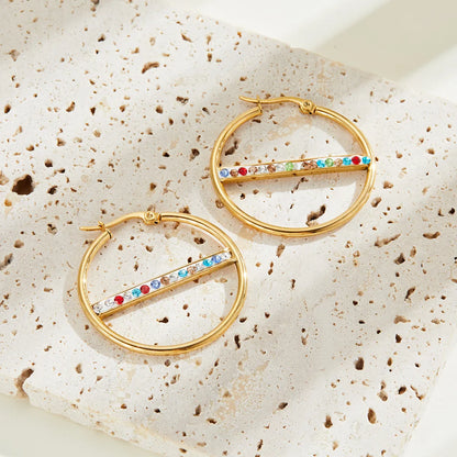 1 Pair Fairy Style Elegant Lady Round Inlay 201 Stainless Steel Rhinestones Hoop Earrings