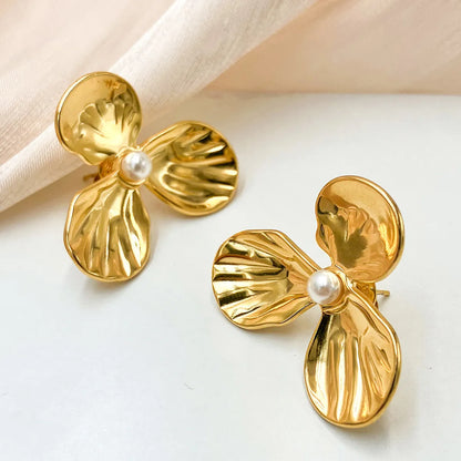 1 Pair Fairy Style Sweet Korean Style Round Flower Lotus Leaf HD-18918 Inlay 304 Stainless Steel Rhinestones Gold Plated Ear Studs