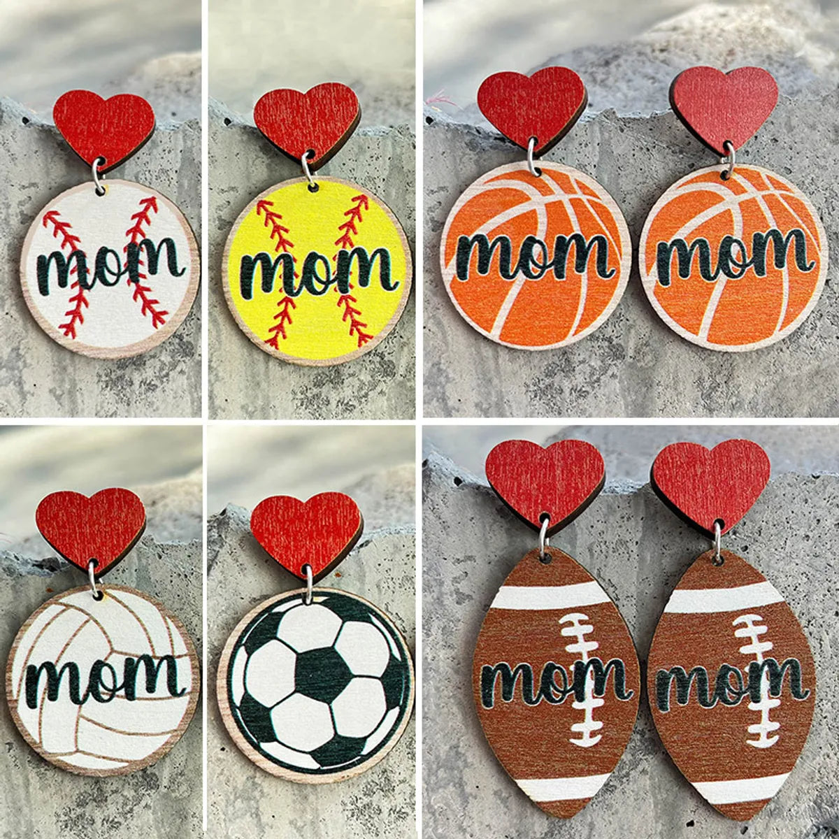 1 Pair Fashion Ball Football Wood Printing Mother's Day Women's Earrings