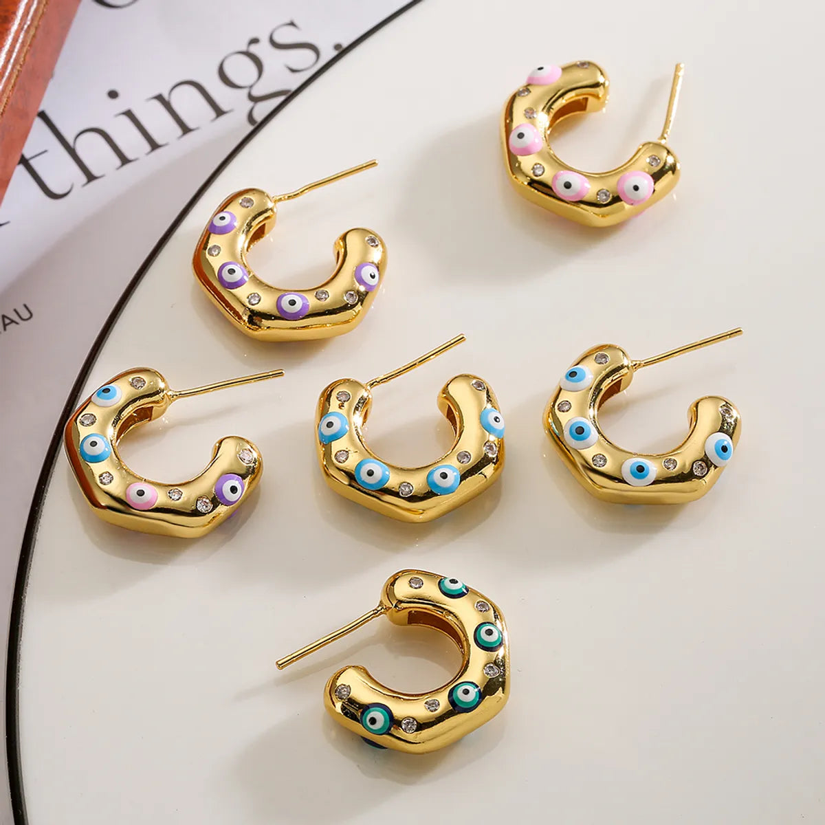 1 Pair Fashion C Shape Devil's Eye Enamel Inlay Copper Zircon 18k Gold Plated Ear Studs