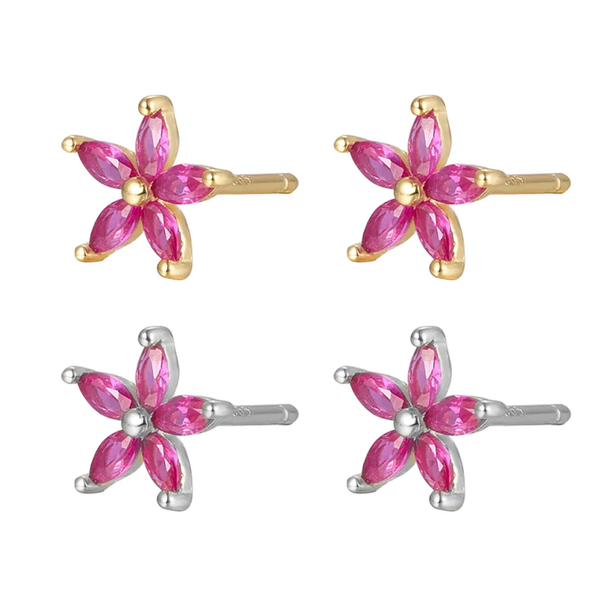 1 Pair Fashion Flower 925 Silver Inlaid Zircon Ear Studs