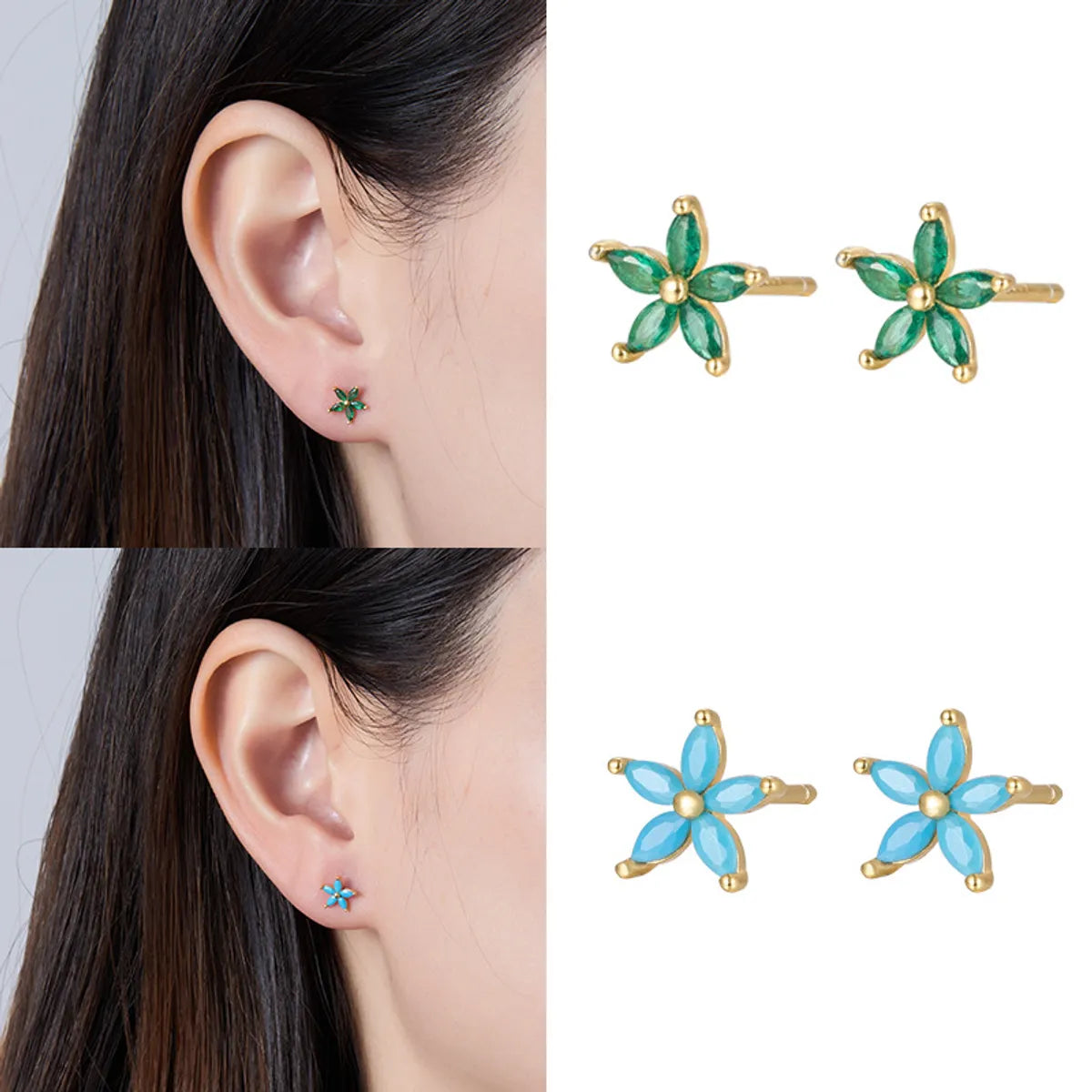 1 Pair Fashion Flower 925 Silver Inlaid Zircon Ear Studs