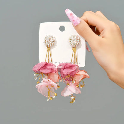 1 Pair Fashion Flower Cloth Handmade Rhinestones Women'S Drop Earrings