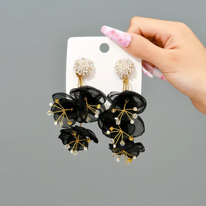 1 Pair Fashion Flower Cloth Handmade Rhinestones Women'S Drop Earrings