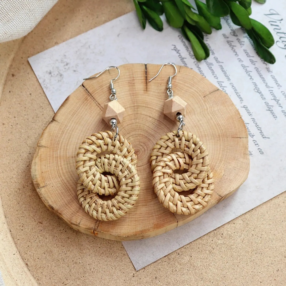 1 Pair Fashion Geometric Alloy Natural Rattan Wood Handmade Women's Drop Earrings