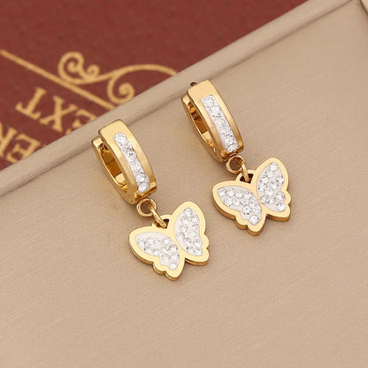 1 Pair Fashion Heart Shape Butterfly Stainless Steel Plating Zircon Dangling Earrings