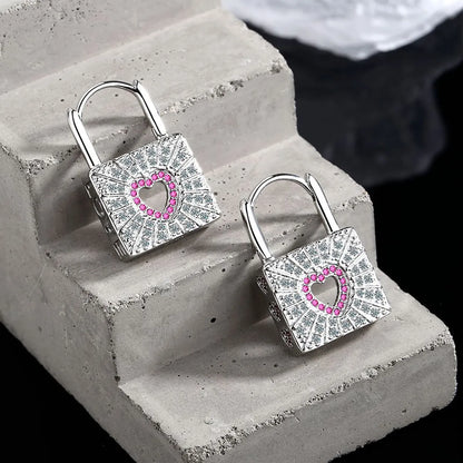 1 Pair Fashion Heart Shape Lock Copper Inlaid Zircon Drop Earrings