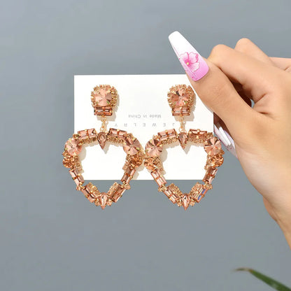 1 Pair Fashion Heart Shape Rhinestone Glass Hollow Out Women'S Chandelier Earrings