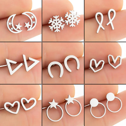 1 Pair Fashion Moon Heart Shape Snowflake Stainless Steel Ear Studs